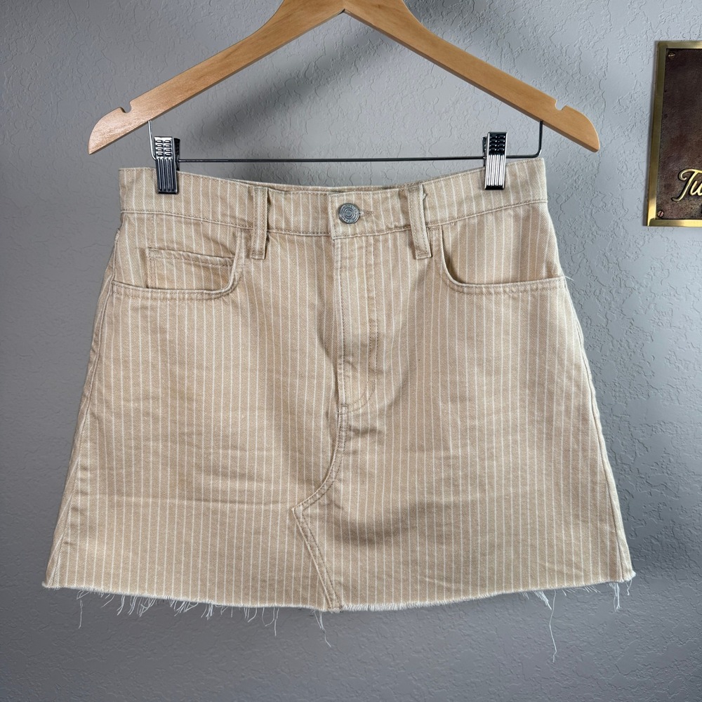 FRAME Sand Multi Pinstripe Denim Mini Skirt Raw Hem Tan White Size 28